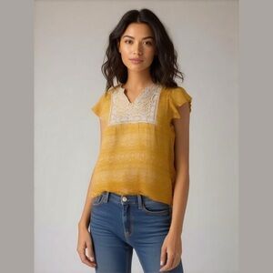 Xhilaration Yellow White Floral Short Sleeves Top Shirt Crochet on Front NWOT